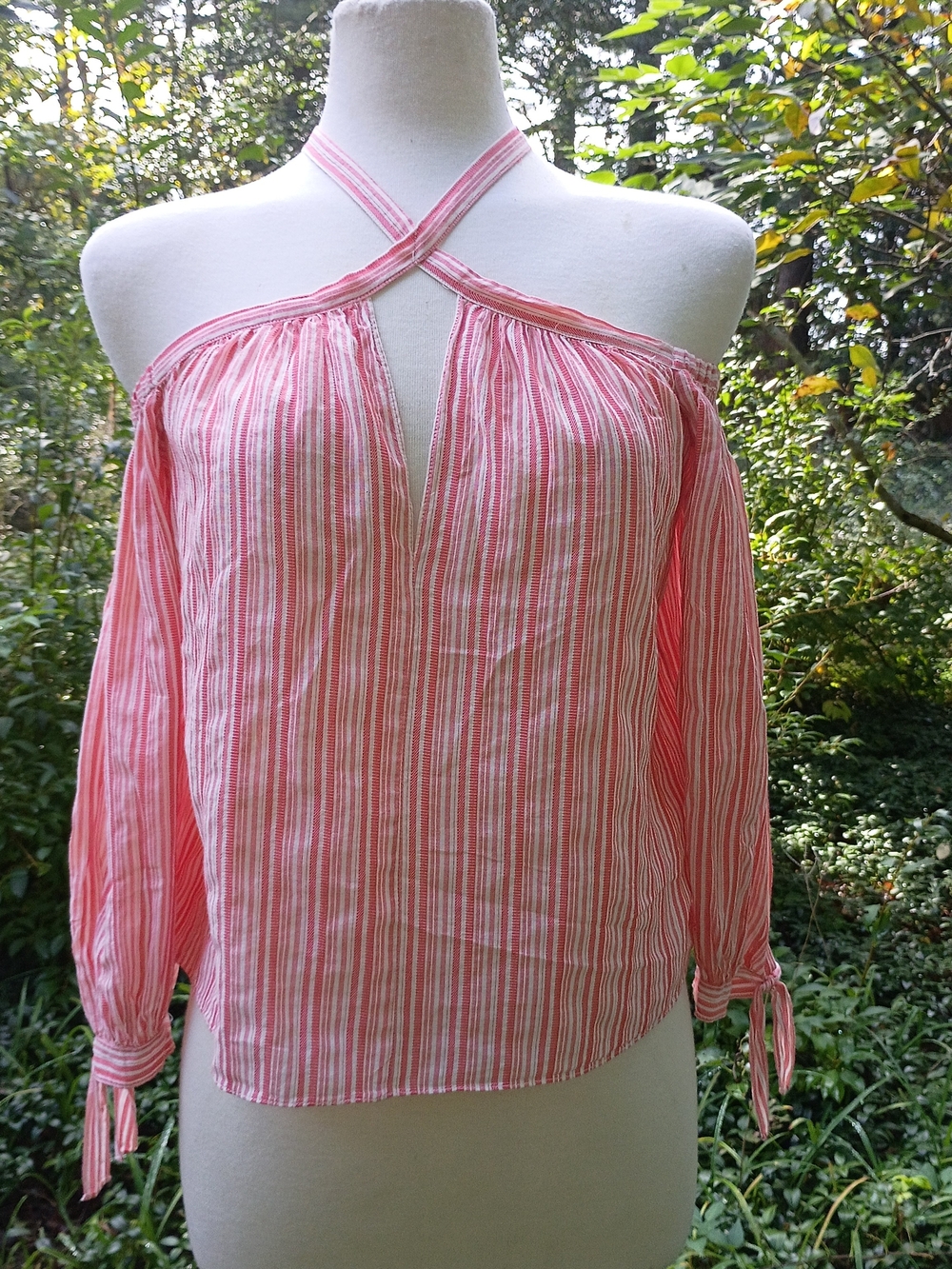 Rebecca Taylor Pink and White Striped Off-Shoulder Halter Top